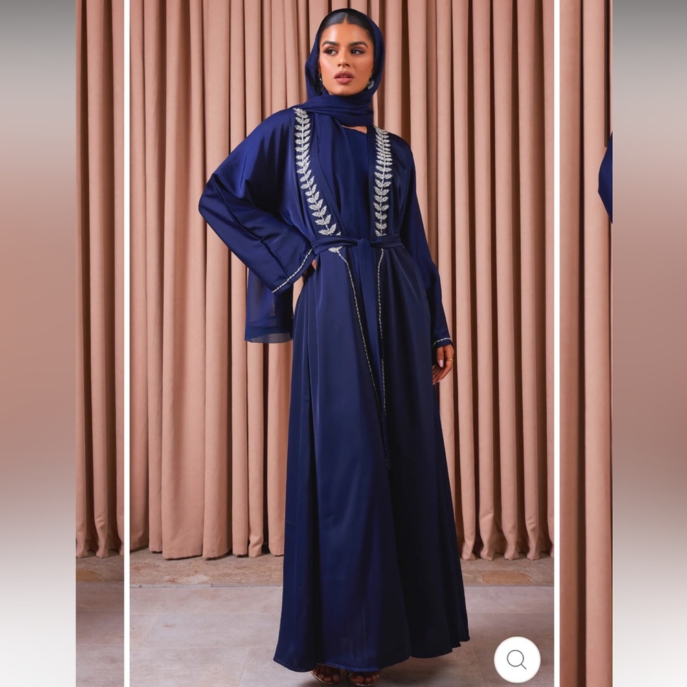 3 piece satin navy blue abaya set